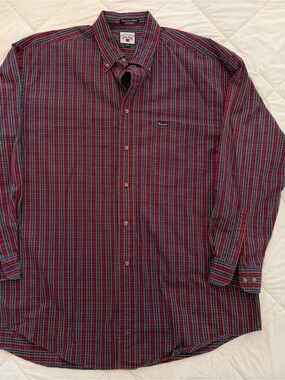 Faconnable Red and Green Plaid Button-Down Shirt